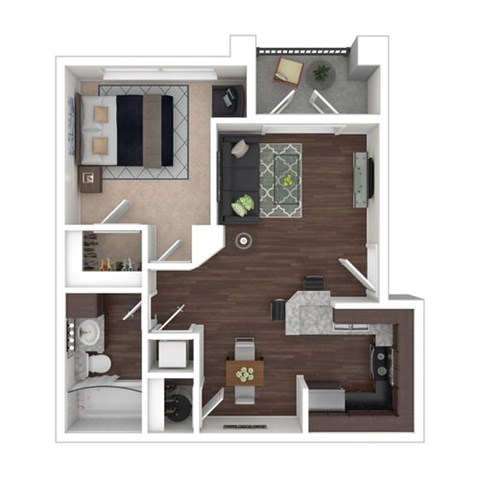 A 3D floor plan of a small apartment with a kitchen, living room, and bathroom.